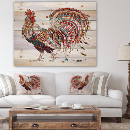 Patterned rooster Symbol of chinese new year - Farmhouse Animals of Painting Print on Natural Pine Wood