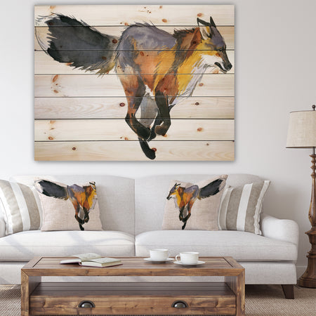 Running Fox watercolor illustration - Animals Painting Print on Natural Pine Wood