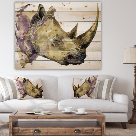 Rhinoceros watercolor - Animals Painting Print on Natural Pine Wood
