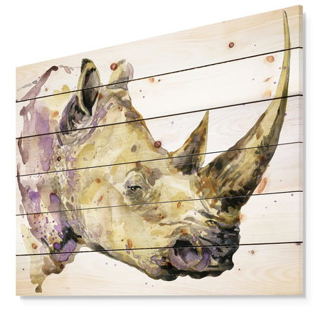 Rhinoceros watercolor - Animals Painting Print on Natural Pine Wood