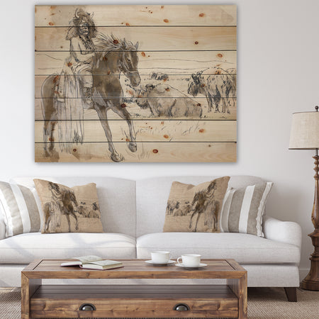 Indian Chief Riding Horse - Sketch of Indian Animals Painting Print on Natural Pine Wood