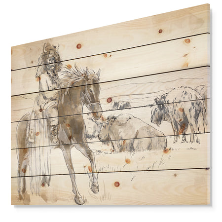 Indian Chief Riding Horse - Sketch of Indian Animals Painting Print on Natural Pine Wood