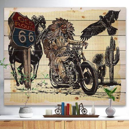 Native American in Motorcycle - Sketch of Indian Animals Painting Print on Natural Pine Wood