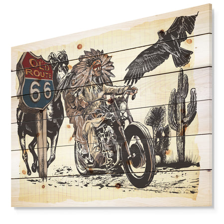 Native American in Motorcycle - Sketch of Indian Animals Painting Print on Natural Pine Wood