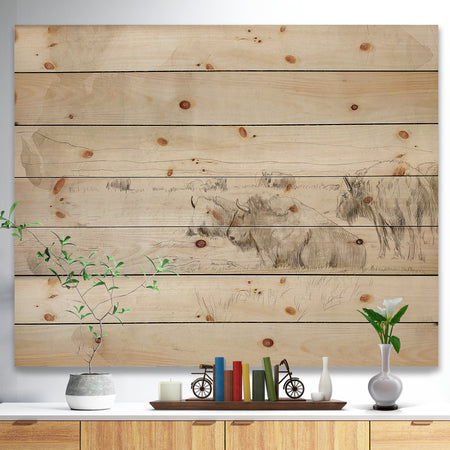 Herd of Wild Bison Sketch - Farmhouse Animal Painting Print on Natural Pine Wood