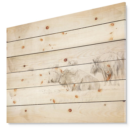 Herd of Wild Bison Sketch - Farmhouse Animal Painting Print on Natural Pine Wood