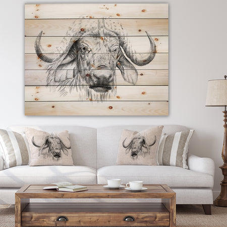 Pencil Bufallo Sketch in Black and White - Animals Painting Print on Natural Pine Wood