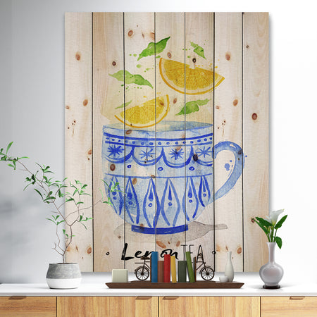 Teacup lemon tea - Food Painting Print on Natural Pine Wood