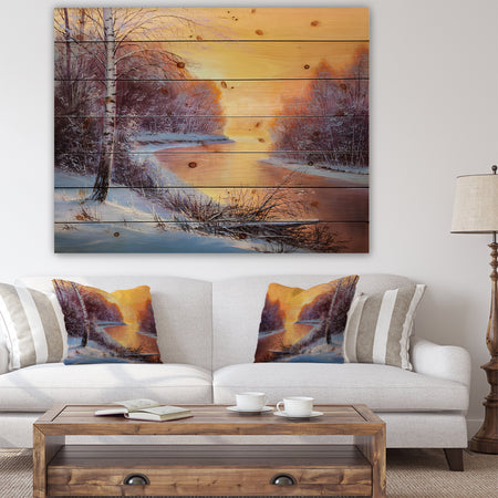 Painting winter forest - Landscapes Painting Print on Natural Pine Wood