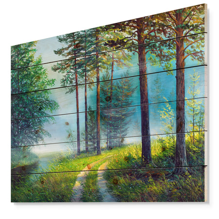 Colorful Summer Forest in Waterfall - Landscapes Painting Print on Natural Pine Wood