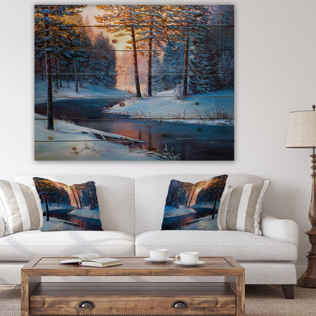 River in Sunset Winter Forest - Landscapes Painting Print on Natural Pine Wood