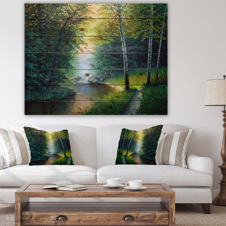 River with Waterful - Landscapes Painting Print on Natural Pine Wood