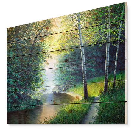 River with Waterful - Landscapes Painting Print on Natural Pine Wood
