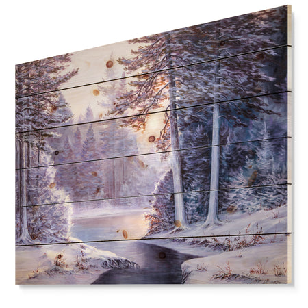 Winter Forest with the River in Frosty Day - Landscapes Painting Print on Natural Pine Wood