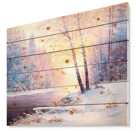 Winter Landscape with a River - Landscapes Painting Print on Natural Pine Wood