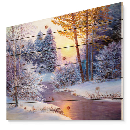 Winter Forest in River - Landscapes Painting Print on Natural Pine Wood