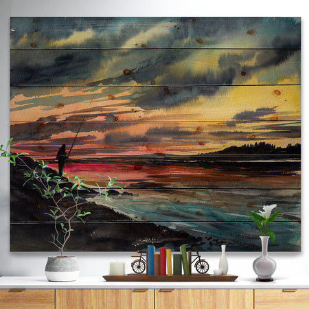 Fishing Man over Sunset Sky - Landscapes Painting Print on Natural Pine Wood