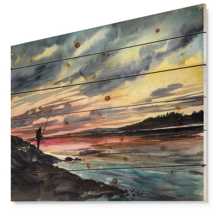 Fishing Man over Sunset Sky - Landscapes Painting Print on Natural Pine Wood
