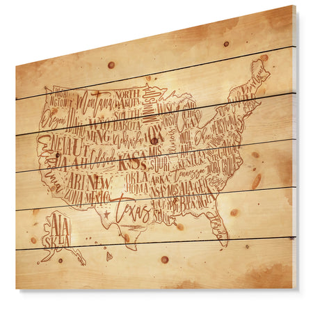 Vintage United States Chalk Yellow Map - Maps Painting Print on Natural Pine Wood