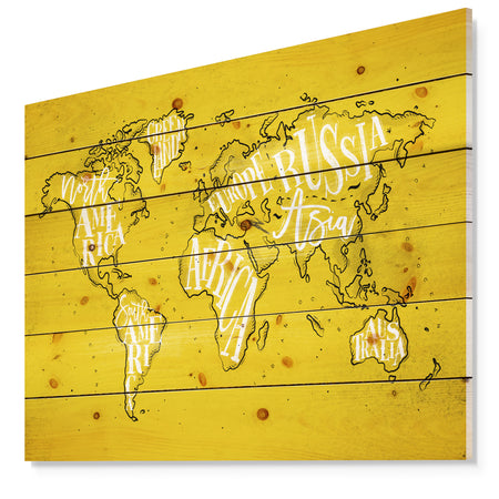 Vintage Yellow Worldmap - Maps Painting Print on Natural Pine Wood