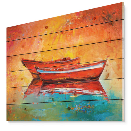 Red Boats over Golden Sunset - Nautical Painting Print on Natural Pine Wood