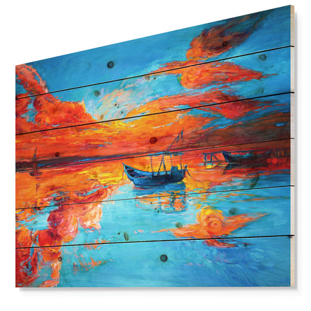 Golden Sunsent and Blue Sky over Sail Boats - Nautical Painting Print on Natural Pine Wood