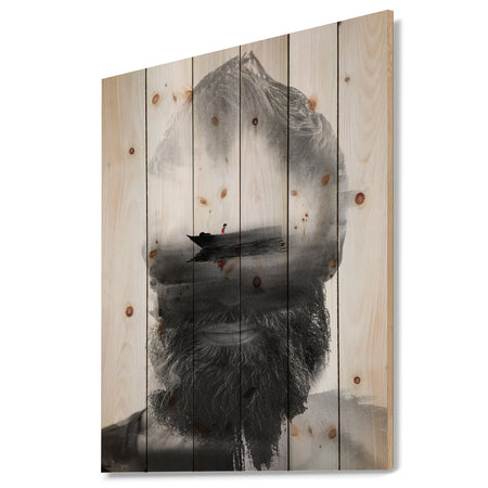 Floating Boat in Man Portrait - Glamour Painting Print on Natural Pine Wood