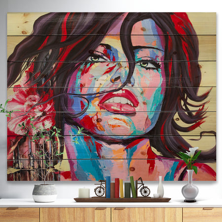 Woman Portrait Strawberry & cream - Glamour Painting Print on Natural Pine Wood