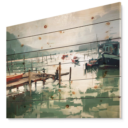 Jetty and fishing boats at harbor - Nautical Sea & Shore Print on Natural Pine Wood