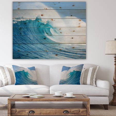 Blue Ocean Wave - Sea & Shore Print on Natural Pine Wood