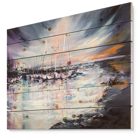 Marina bay Under Stormy Sunset - Sea & Shore Painting Print on Natural Pine Wood
