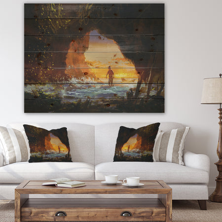 Man Walking in the Cave - Sea & Shore Print on Natural Pine Wood
