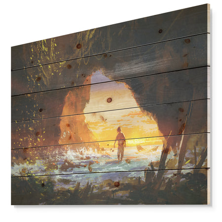 Man Walking in the Cave - Sea & Shore Print on Natural Pine Wood