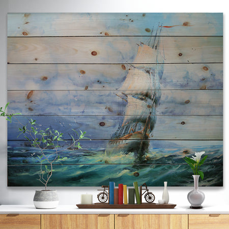 Large Sailboat - Sea & Shore Painting Print on Natural Pine Wood