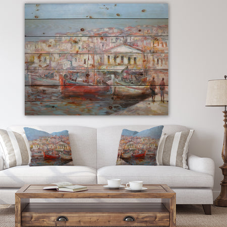 Red Boads In Vintage Village - Sea & Shore Painting Print on Natural Pine Wood