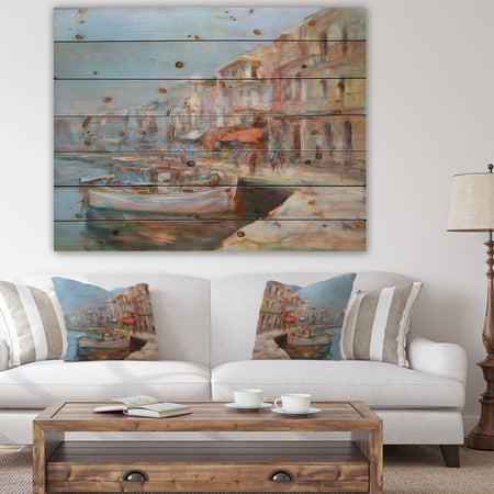 Five Old Fishing Boats in harbor - Sea & Shore Painting Print on Natural Pine Wood