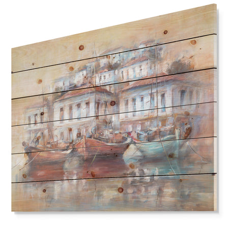 Calm Sea with boats in Harbor - Sea & Shore Painting Print on Natural Pine Wood