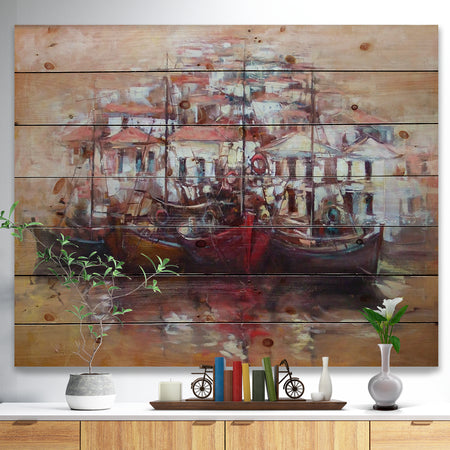 Four Boats At Pier Near Village - Sea & Shore Painting Print on Natural Pine Wood