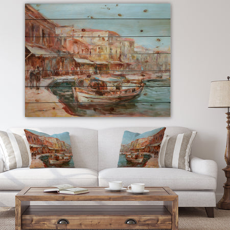 Two Fishing Boat in Village View - Sea & Shore Painting Print on Natural Pine Wood