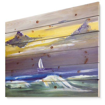 Sailing yacht in storm - Sea & Shore Painting Print on Natural Pine Wood