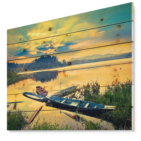 Boats on Water Twilight after Sunset - Sea & Shore Painting Print on Natural Pine Wood