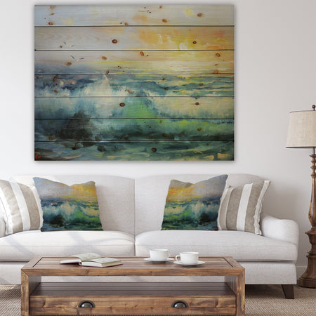 Small Wave in Sea Sunset - Contemporary Sea & Shore Painting Print on Natural Pine Wood