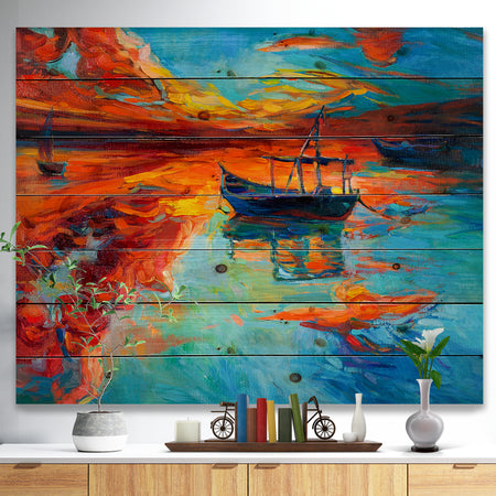 Fishing Sailing Boat at Red Sunset - Sea & Shore Painting Print on Natural Pine Wood