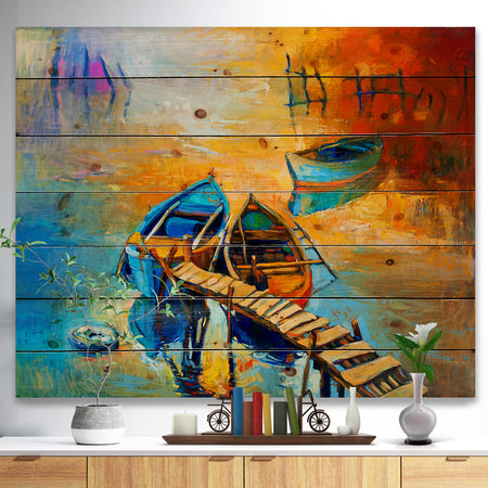 Two Boats in Pier at Golden Sunset - Sea & Shore Painting Print on Natural Pine Wood