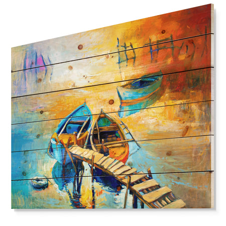 Two Boats in Pier at Golden Sunset - Sea & Shore Painting Print on Natural Pine Wood
