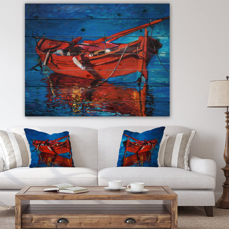 Red Boat over the ocean - Sea & Shore Painting Print on Natural Pine Wood