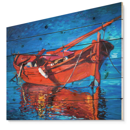 Red Boat over the ocean - Sea & Shore Painting Print on Natural Pine Wood