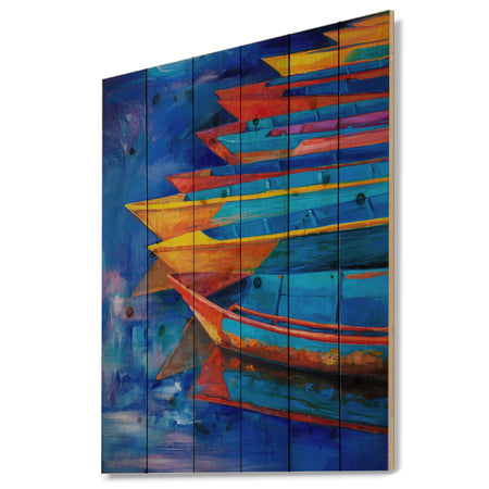 Boats and Jetty at Pier in Oil Painting - Sea & Shore Painting Print on Natural Pine Wood