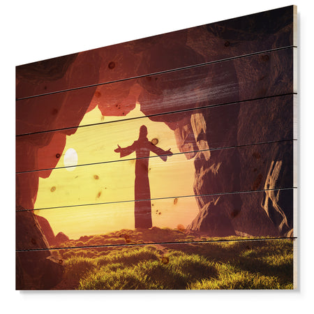 Man Praying in Cave Under Sunset - Religious Contemporary Print on Natural Pine Wood