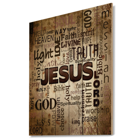 Jesus - word cloud in grunge background - Religious Contemporary Print on Natural Pine Wood
